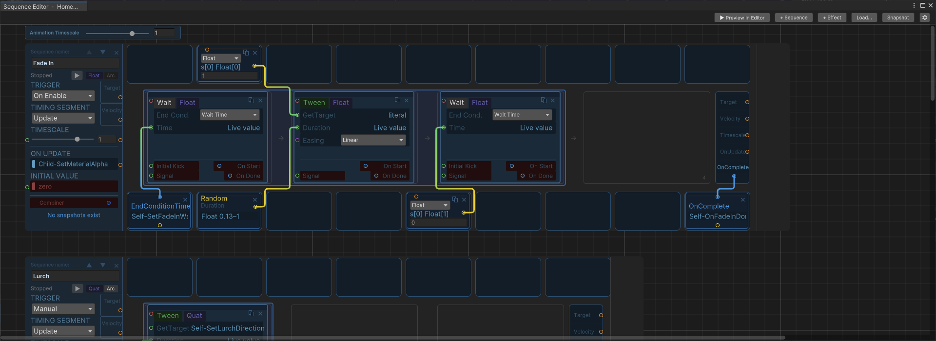 JuiceBox sequence editor showing a Fade In sequence built from Wait, Tween, and OnComplete nodes